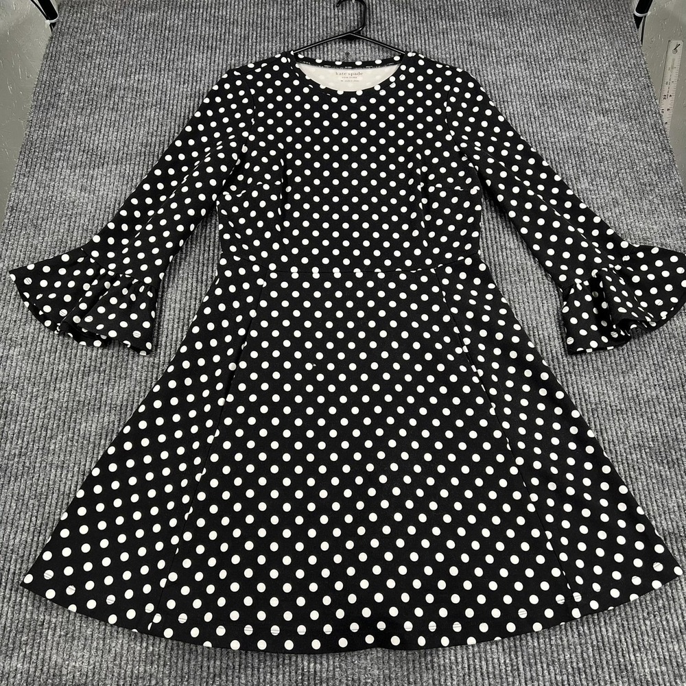 Kate Spade Dress Womens Medium Black Polka Dot Bell Sleeve Fit Flare Knee Length